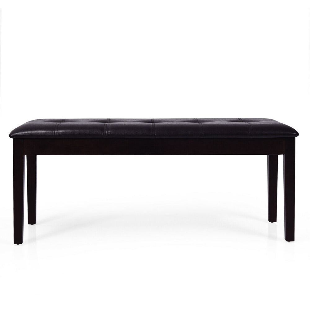 Brown upholstered dining room bench with solid rubber wood legs, button tufted design, ideal for dining or hallway use.
