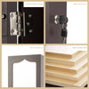 Close-up of the flexible metal hinge and safe door lock on a brown jewelry armoire for secure storage and organization.