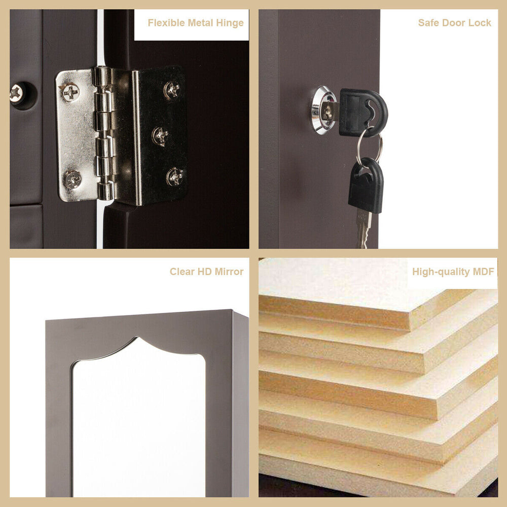 Close-up of the flexible metal hinge and safe door lock on a brown jewelry armoire for secure storage and organization.