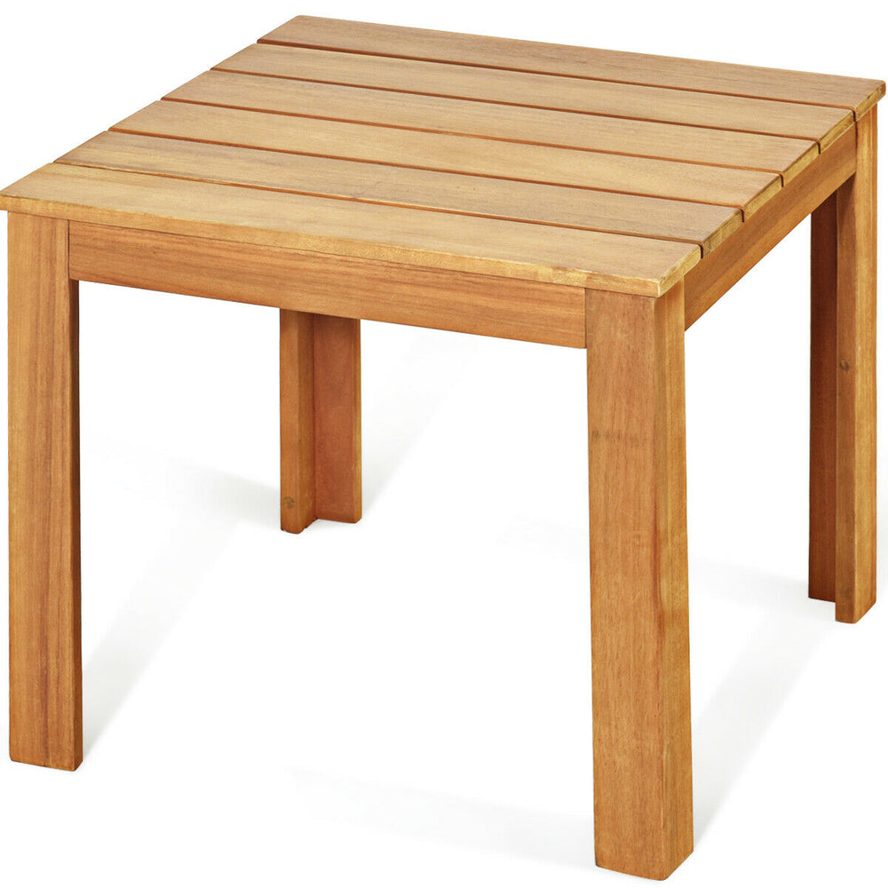 Square wooden patio coffee bistro table made of acacia wood, waterproof varnish, perfect for outdoor or indoor use.