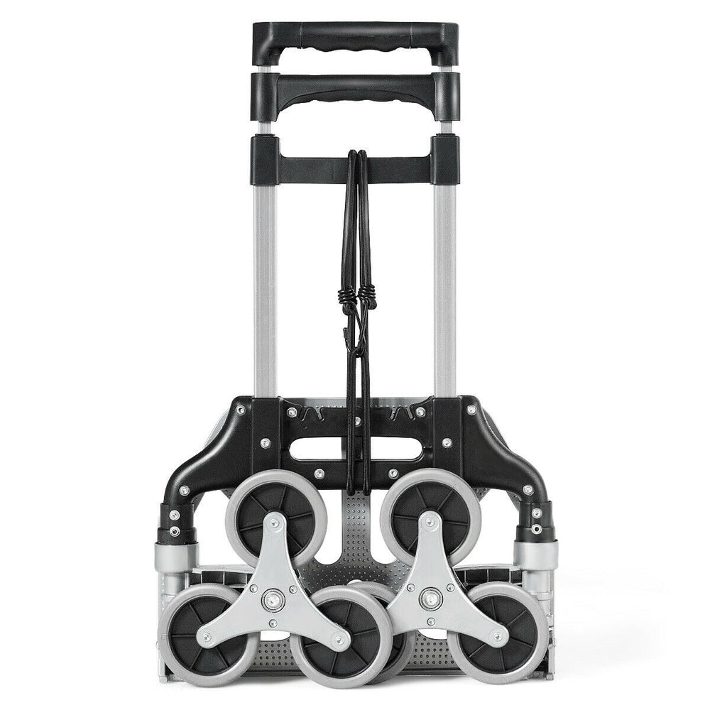 Portable folding stair climbing hand truck with high-quality wheels and adjustable handle for easy transport of luggage.