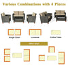 4-piece patio rattan furniture set with cushions, including a loveseat, single chair, and coffee table for versatile.