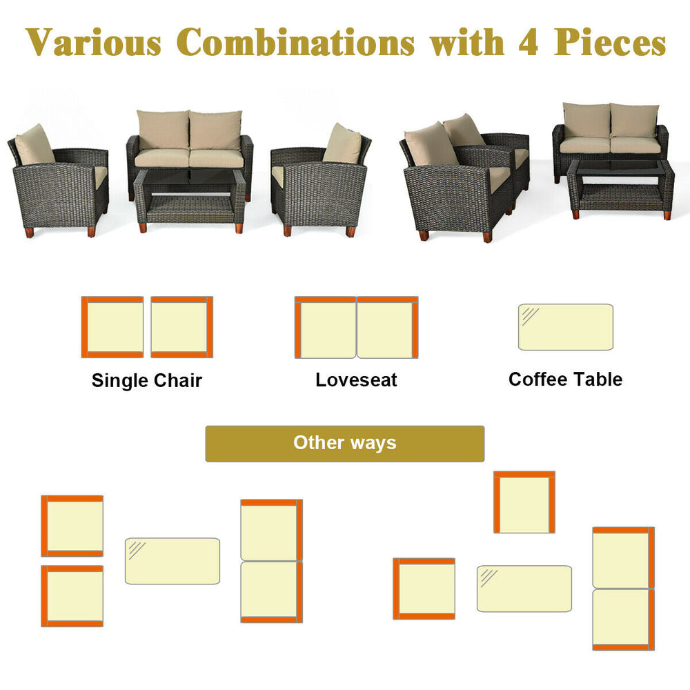 4-piece patio rattan furniture set with cushions, including a loveseat, single chair, and coffee table for versatile.