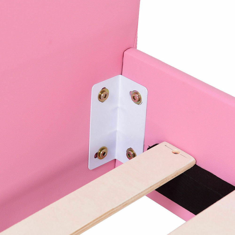 Close-up of the sturdy wood slat support for the twin size upholstered toddler bed, featuring non-toxic materials.
