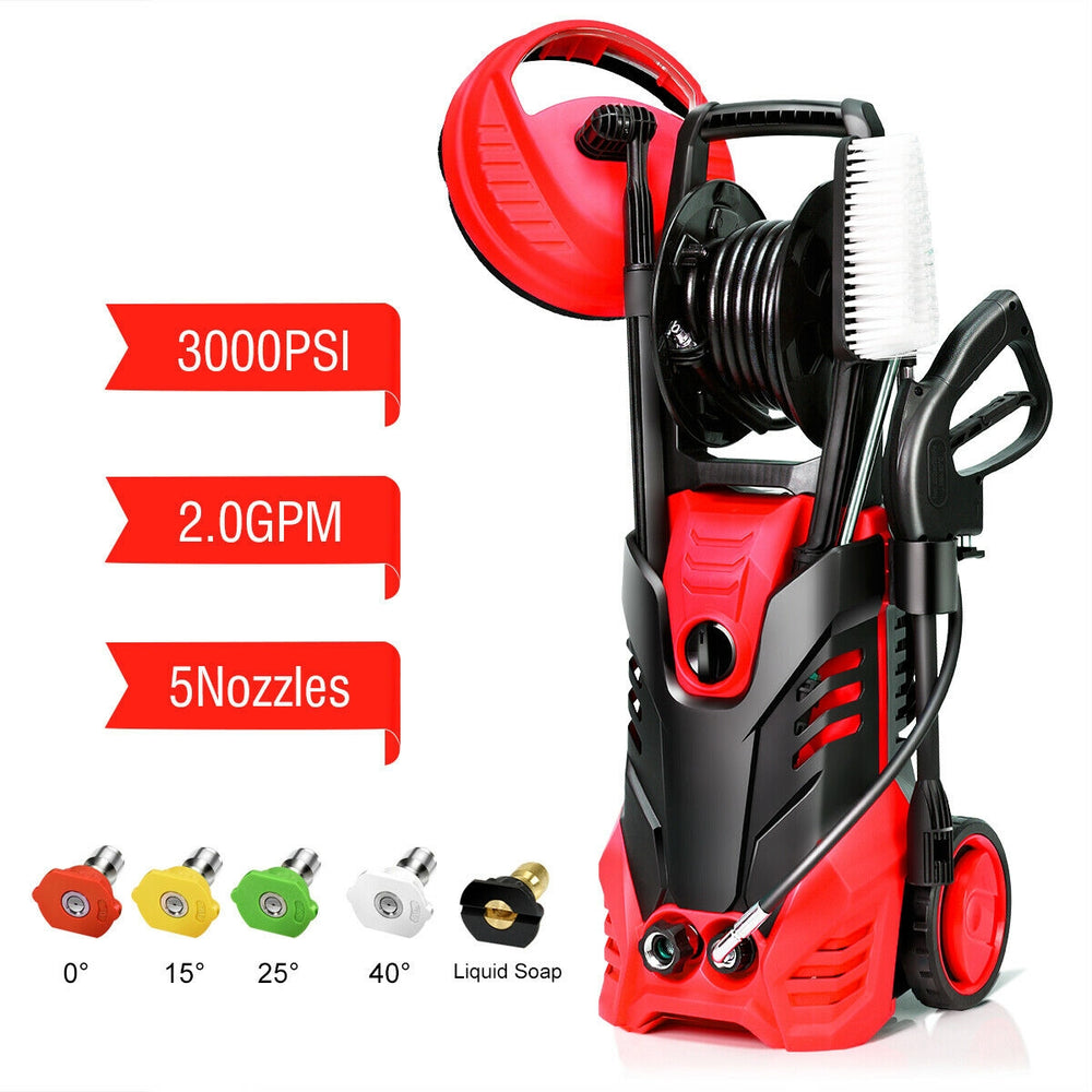 Electric high pressure washer in red, 3000 PSI, with five nozzles and hose reel, ideal for versatile outdoor cleaning.