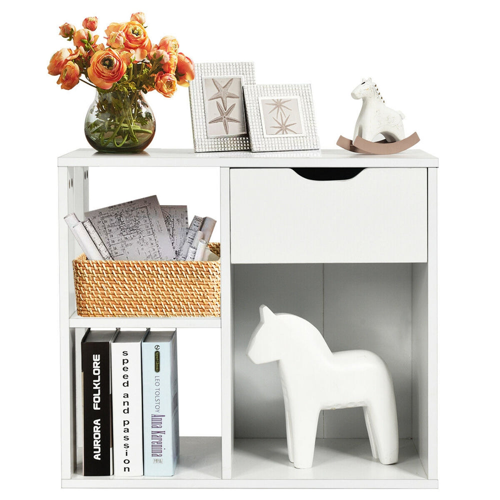 3-tier side table in white with a drawer and open shelf, perfect for storage in modern living spaces.