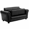 Black kids double sofa with ottoman, perfect for playrooms and bedrooms, offering comfort for reading and TV watching.