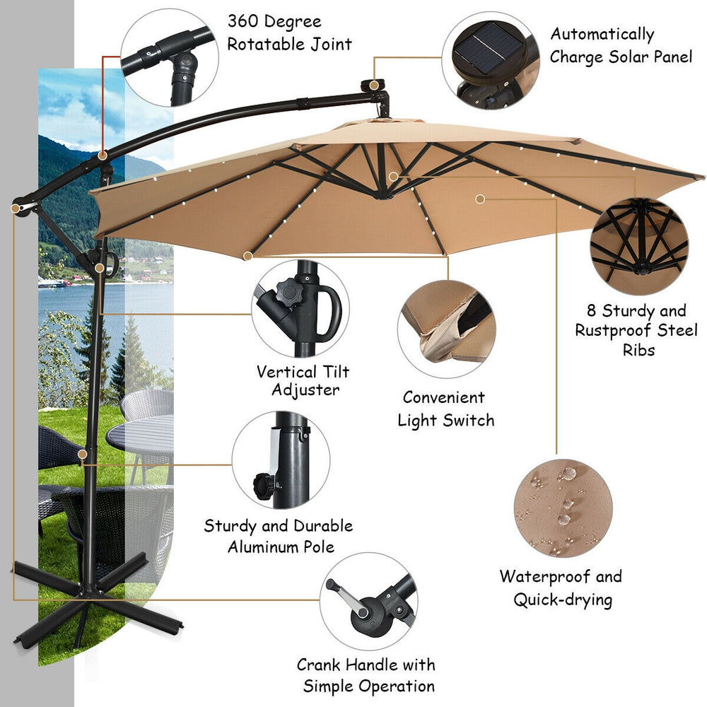 Beige 10 ft solar-powered LED patio offset umbrella with 360° rotation, featuring a durable aluminum pole and.