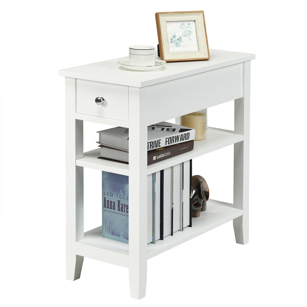 White 3-tier nightstand with drawer and open shelves, ideal for narrow spaces in living rooms or as a bedside table.