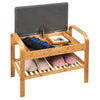 Bamboo shoe rack bench with storage shelf, featuring a sturdy design and ergonomic height for entryway convenience.