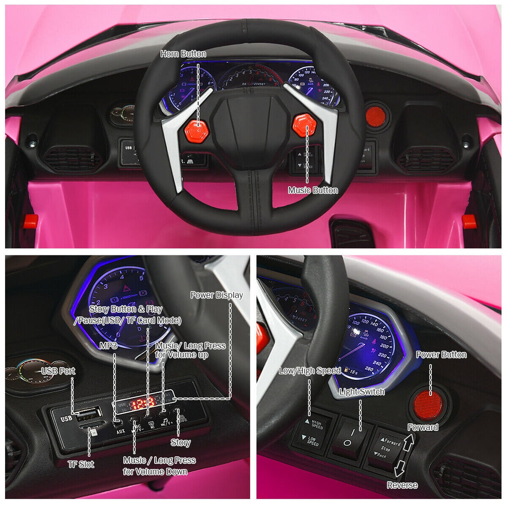 Close-up of the steering wheel and control panel of the pink 12V RC electric vehicle with lights and music features.