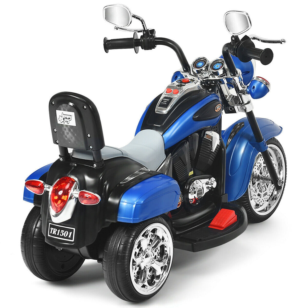 Rear view of the 6V 3 Wheel Kids Motorcycle in blue, showcasing its stylish design and three-wheel stability for safe.