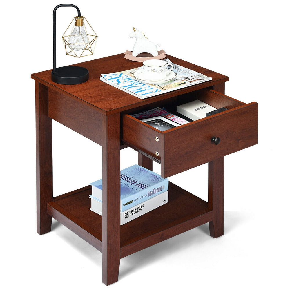 Multi-functional nightstand with drawer and open shelves, made of particleboard, perfect for bedroom or living room use.