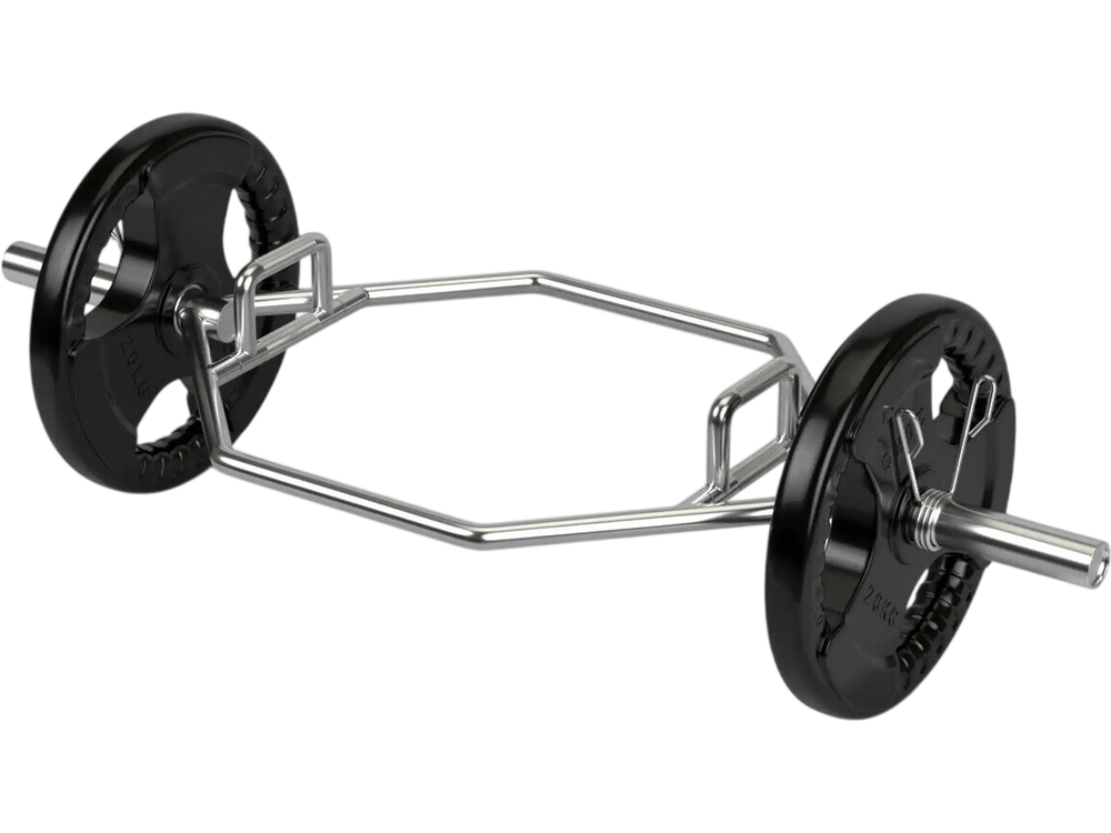 Close-up view of the 56-inch Olympic hexagon deadlift trap bar's knurled handles, designed for optimal grip and.