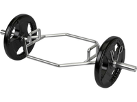 Close-up view of the 56-inch Olympic hexagon deadlift trap bar's knurled handles, designed for optimal grip and.