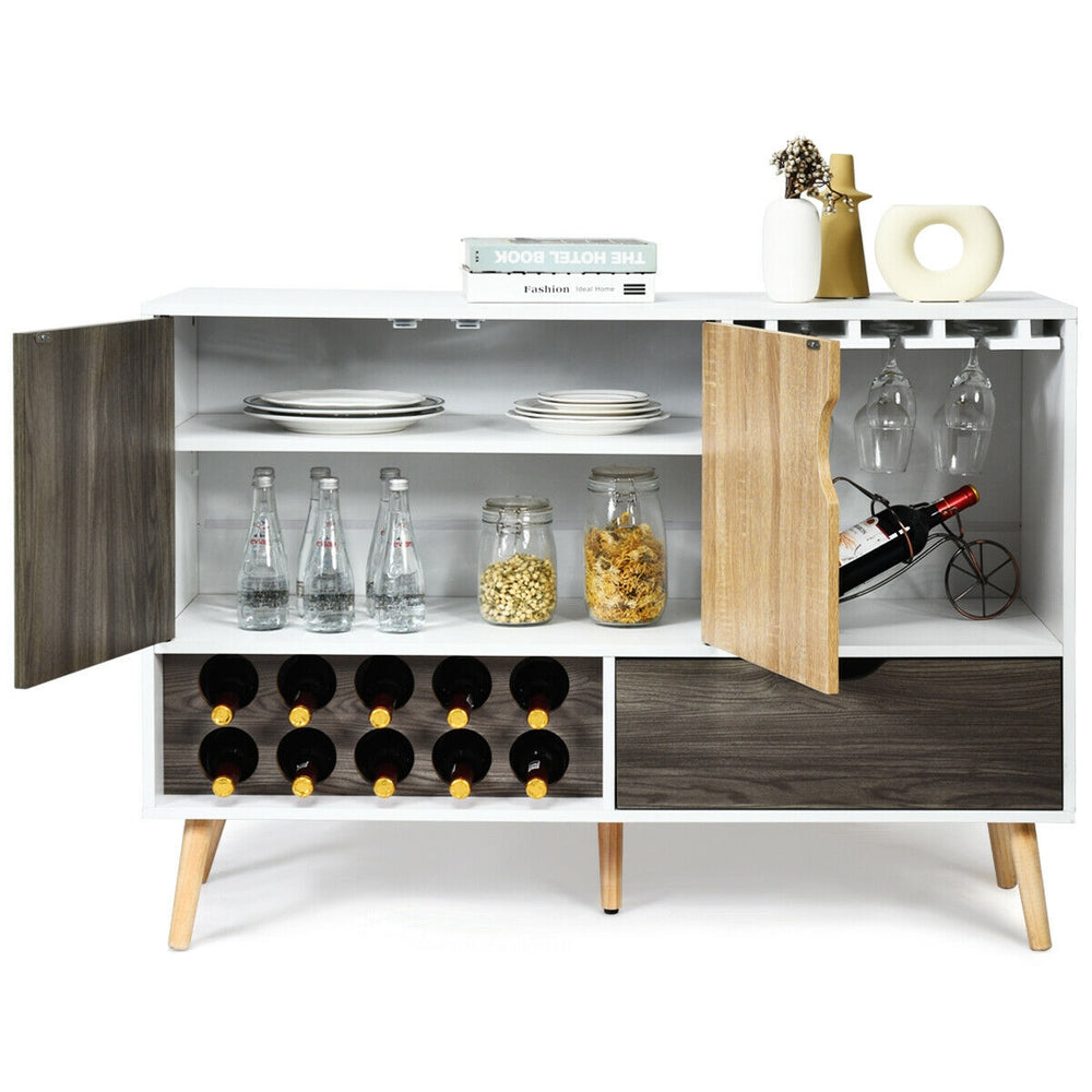 Mid-century buffet sideboard with wine rack, adjustable shelf, and storage drawer, perfect for kitchen or dining room.