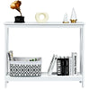 White 2-tier console table with X-design, open shelf for storage, ideal for living rooms and entryways.