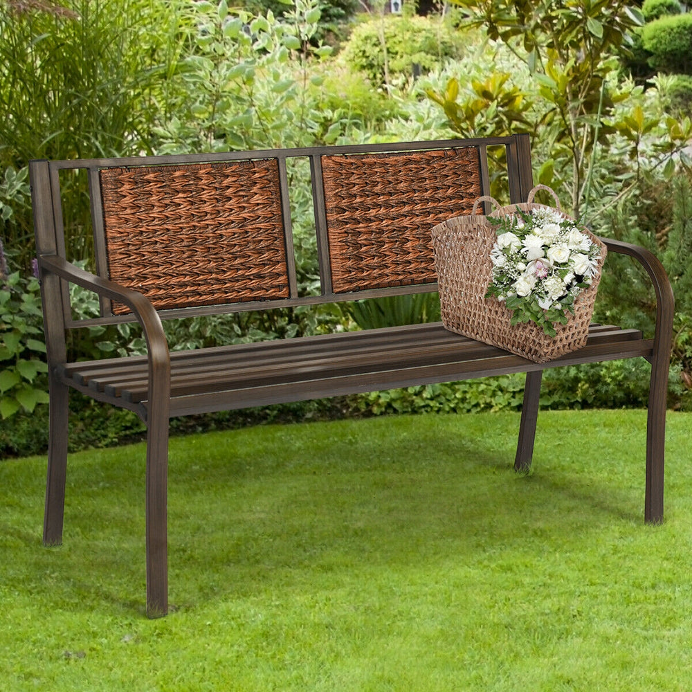 Patio garden bench with powder coated steel frame and PE rattan backrest, perfect for outdoor relaxation in any garden.