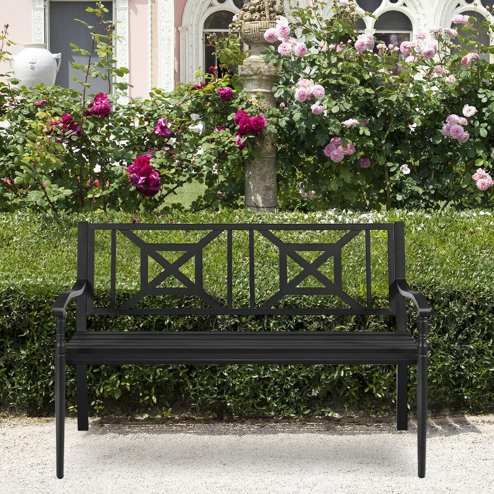 Patio garden bench with powder coated steel frame, featuring a classic design, ideal for backyard or poolside use.
