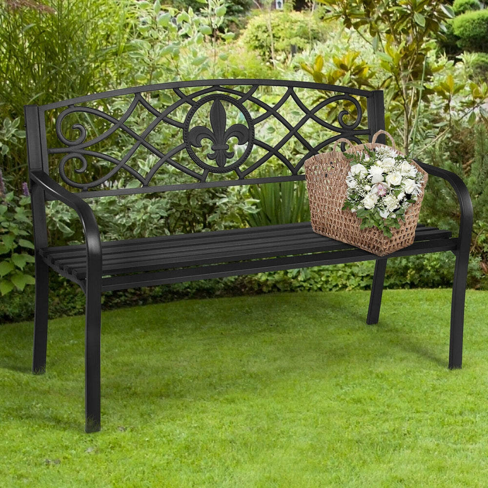 Heavy-duty 50-inch metal garden bench with modern backrest, perfect for outdoor spaces like gardens and patios.