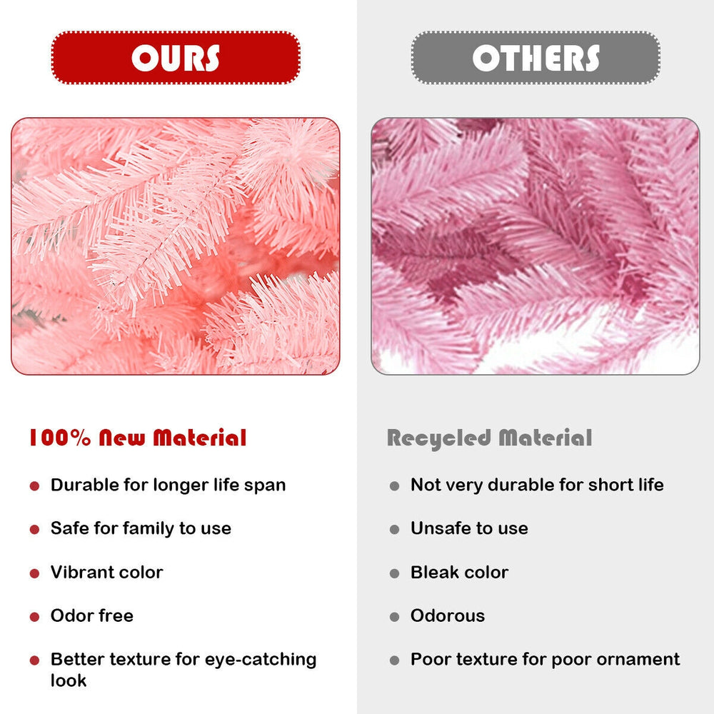 Full view of a 7.5 feet pink artificial Christmas tree made of 100% new PVC material, ideal for festive decorations.
