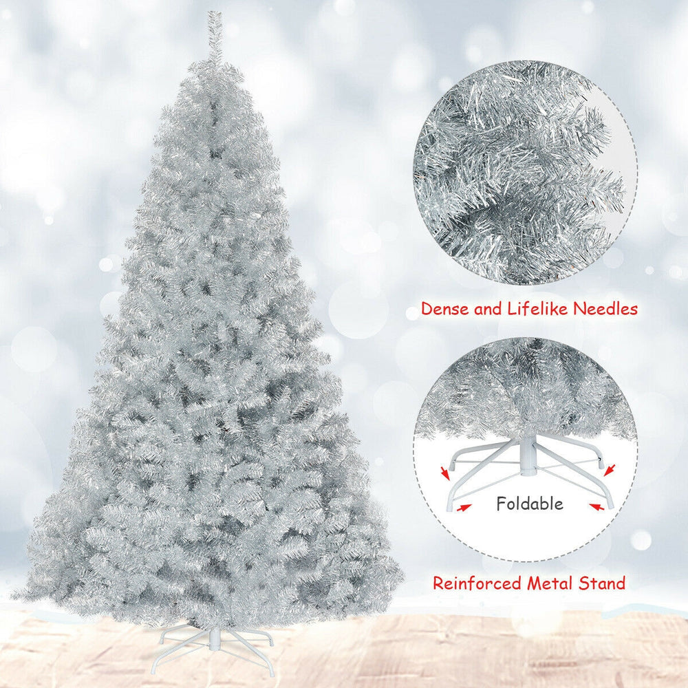7.5 ft unlit silver tinsel Christmas tree with 1258 branch tips, foldable design, and sturdy metal stand for festive.