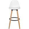 Sleek white mid-century barstool featuring a curved mid back and padded seat, perfect for modern dining or entertaining.