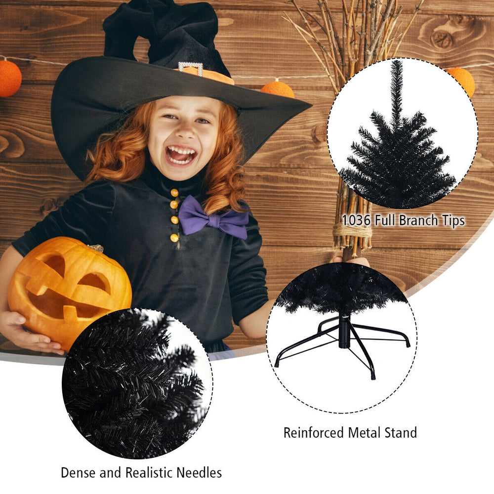 6-foot hinged artificial Halloween Christmas tree with 1036 branch tips, black design, and sturdy metal stand for.