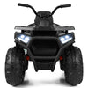 Front view of the 12V kids electric ATV quad in black, featuring LED lights and a sturdy design for safe outdoor fun.