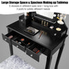 Black vanity dressing table with 5 drawers, cushioned stool, and 10 dimmable bulbs for versatile makeup storage.