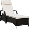 Outdoor chaise lounge with a thick padded cushion and adjustable backrest, featuring wheels for easy mobility and.