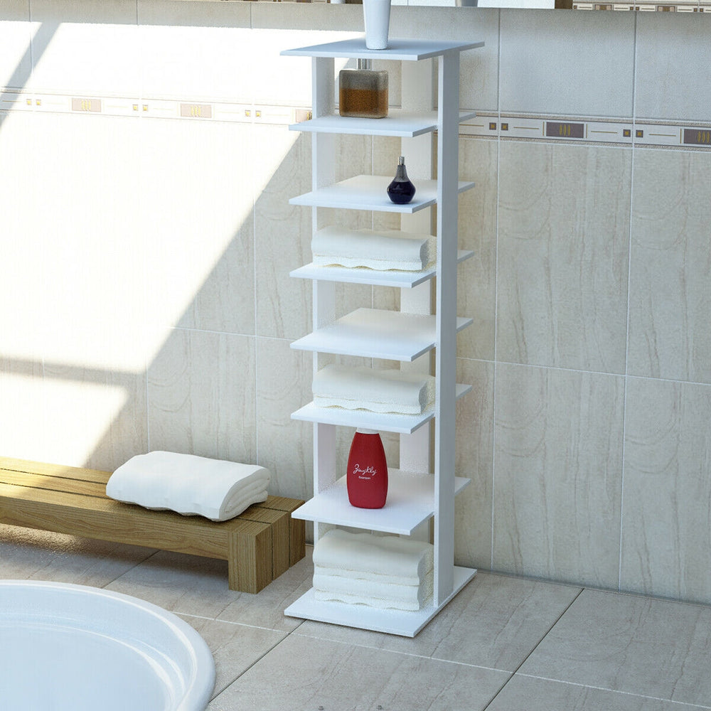 7-tier white wooden shoe rack organizer with varying shelf heights for tidy shoe storage in hallways or rooms.