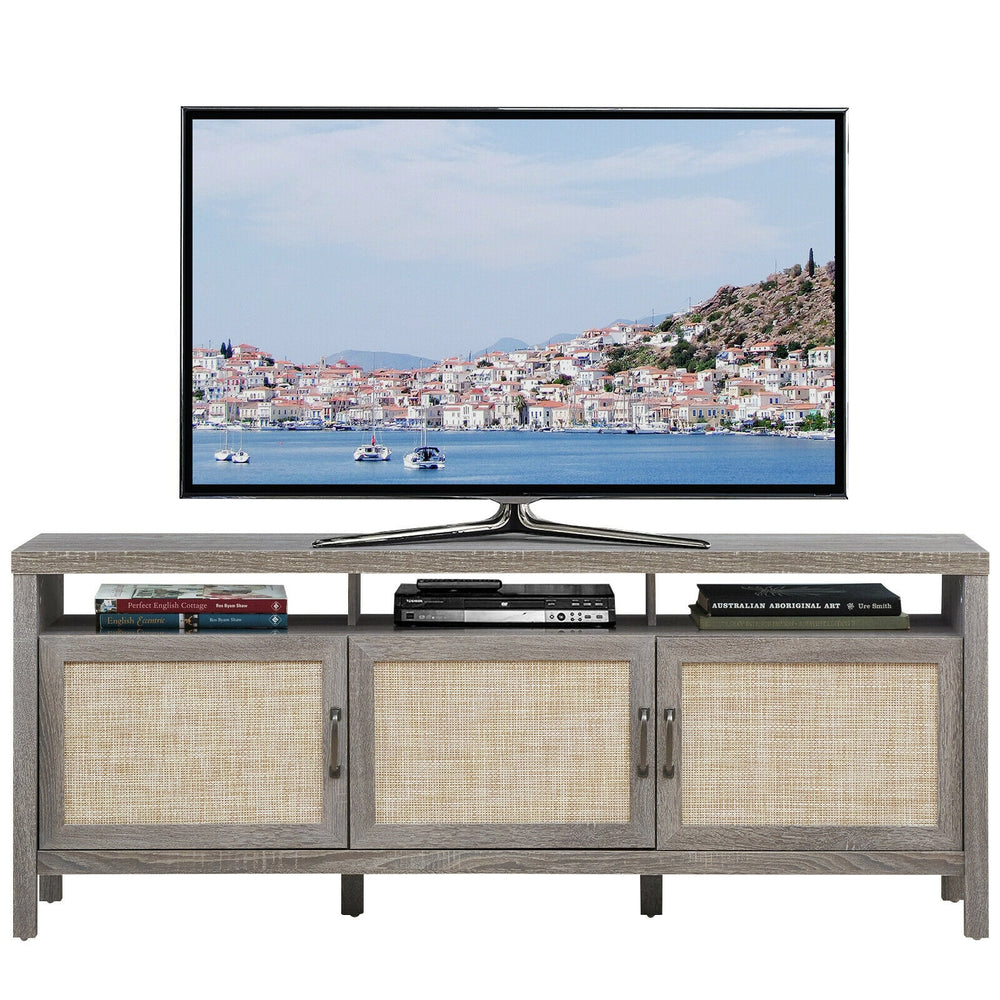 Gray TV stand featuring a spacious open shelf and three cabinets, suitable for TVs up to 65 inches, perfect for.