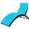 Turquoise folding patio lounge chair with cushion, made of weather-resistant PE rattan, ideal for outdoor relaxation.