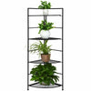 Four-tier folding metal shelf plant stand in black, featuring a sturdy design for indoor or outdoor plant display.