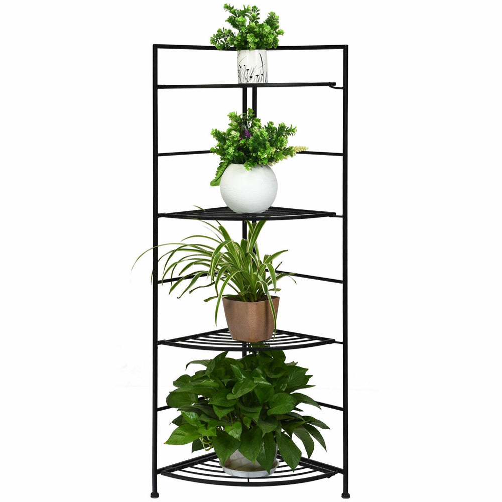 Four-tier folding metal shelf plant stand in black, featuring a sturdy design for indoor or outdoor plant display.