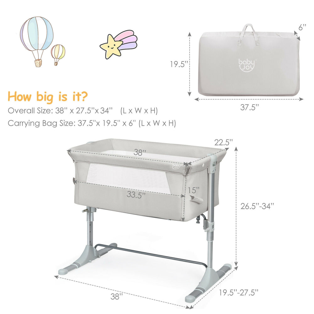 Travel portable baby bed side sleeper in beige with adjustable heights and detachable sidebar for parent interaction.