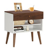 Mid-century nightstand with a drawer and rubber wood legs, featuring open shelves for storage in a stylish design.