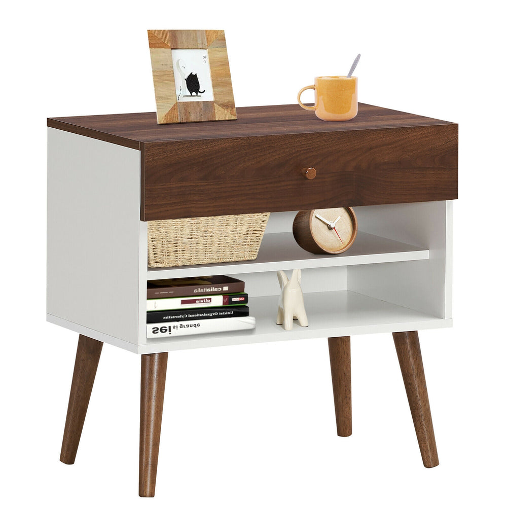 Mid-century nightstand with a drawer and rubber wood legs, featuring open shelves for storage in a stylish design.