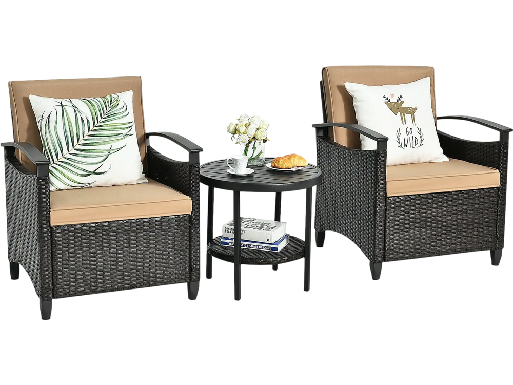 3 Pieces Patio Rattan Furniture Set Cushioned Sofa Storage Table with Shelf Garden