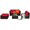 5-piece patio rattan sofa set with red cushions, including an ottoman that doubles as a coffee table for versatile use.
