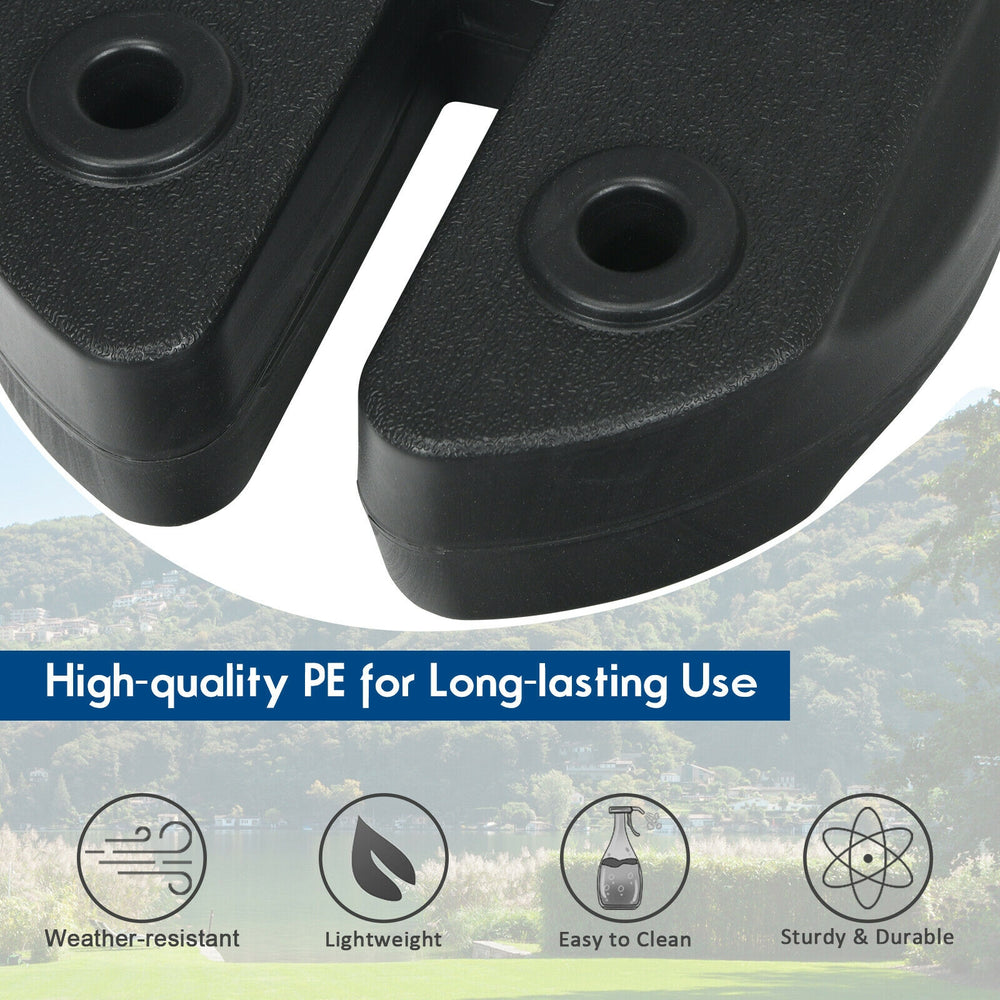 Close-up of a 20lbs canopy weight plate made of weather-resistant PE, featuring a no-pinch design for secure stacking.