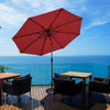 10' dark red patio umbrella with built-in solar LED lights, showcasing a sturdy pole and tilt mechanism for versatile.