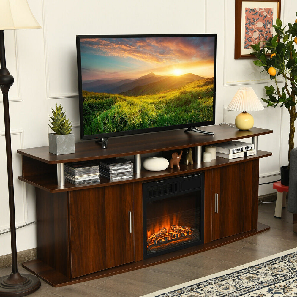 Walnut TV entertainment console with a spacious tabletop for up to 70" TVs, featuring two cabinets and a chic design.