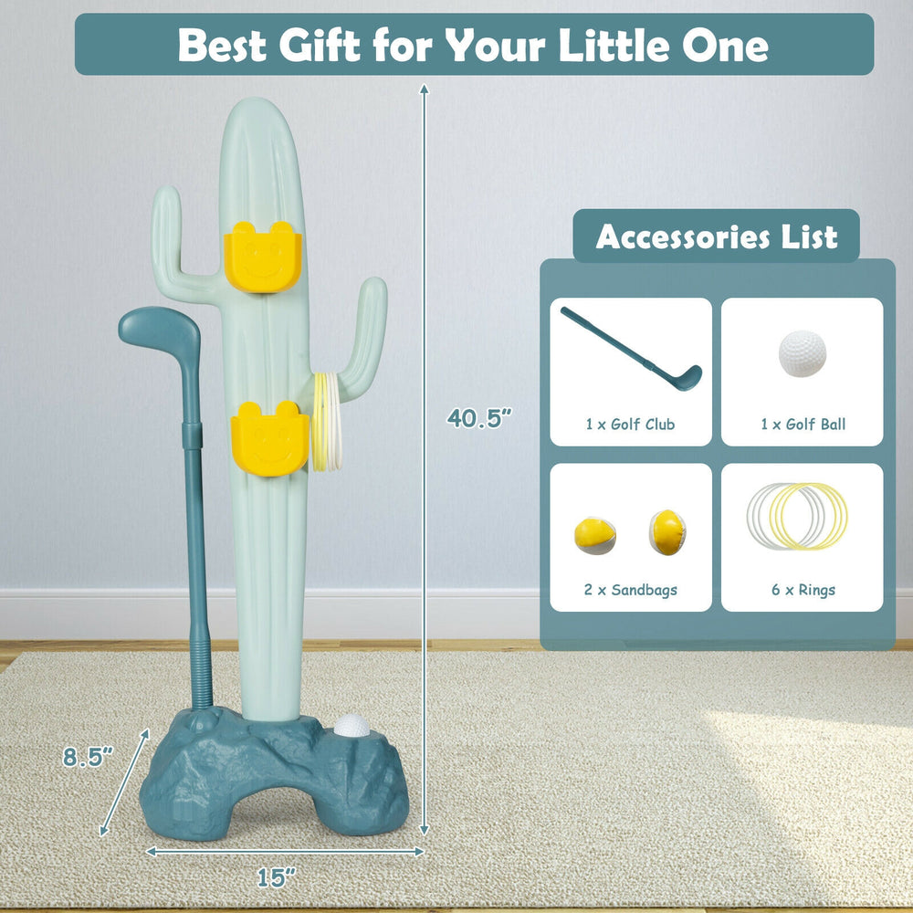 3-in-1 cactus toy stand for kids featuring golf, ring-toss, and sandbag-toss games with a stable base for safety.