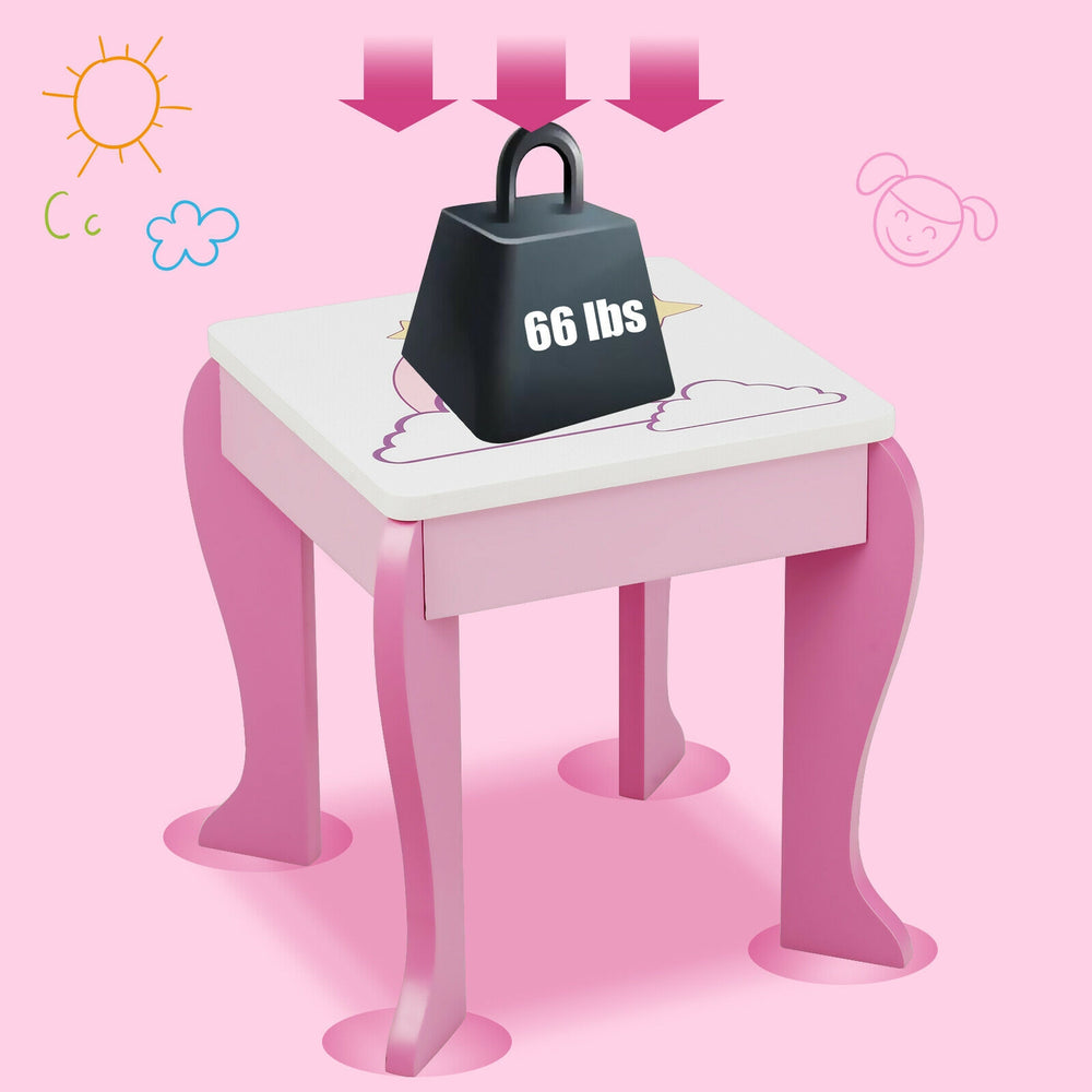 Kids wooden makeup dressing table in pink with a high-definition mirror and practical drawer for storage.