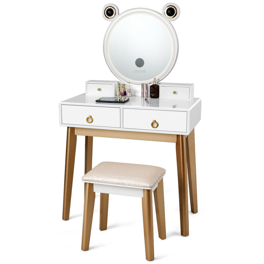 Vanity set showcasing a plush stool, four spacious drawers, and a touch screen mirror with adjustable brightness for.