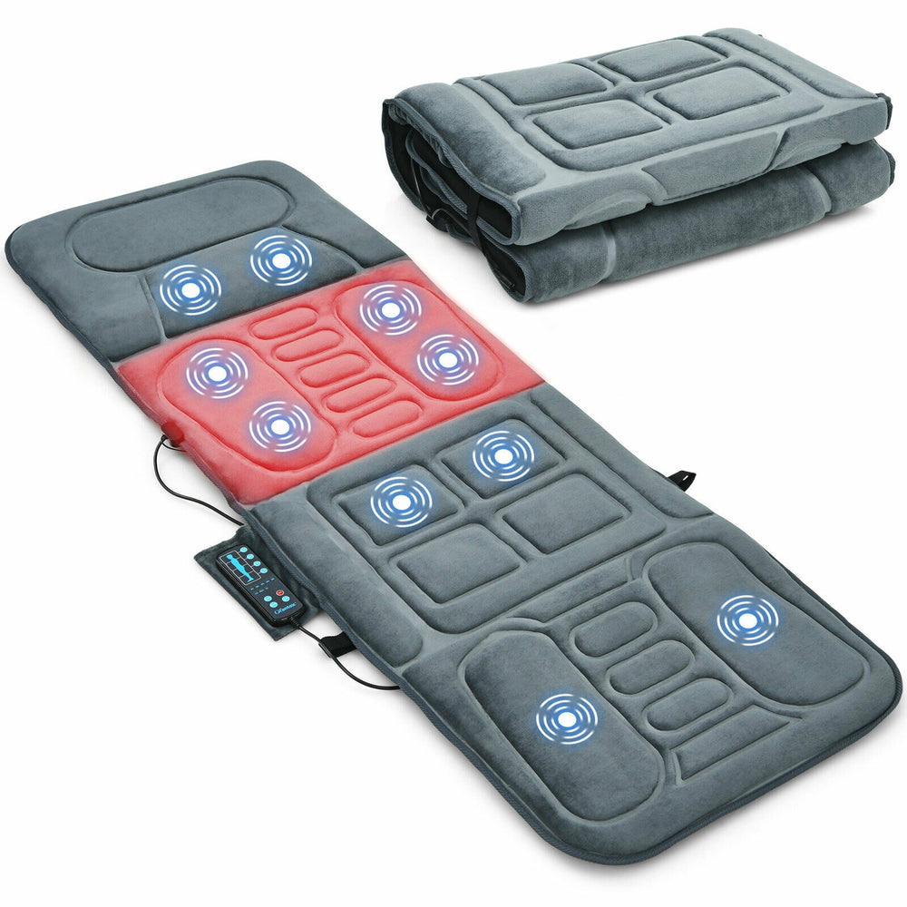 Foldable massage mat featuring 10 vibration motors and heat therapy, ideal for home or office use on various surfaces.
