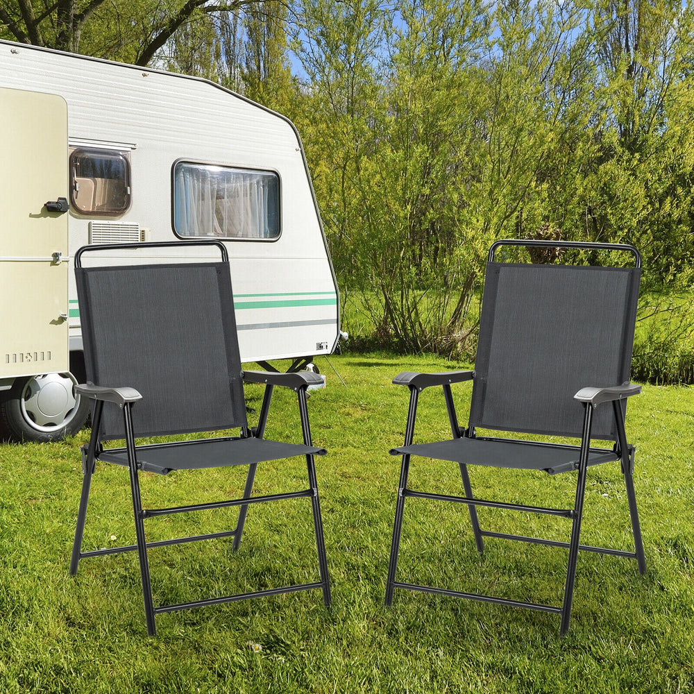 Two portable outdoor folding chairs with armrests, featuring a sturdy steel frame and breathable fabric, ideal for.
