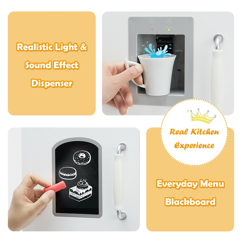 Kitchen pretend play cookware set featuring a water dispenser and blackboard for kids, promoting creativity and.